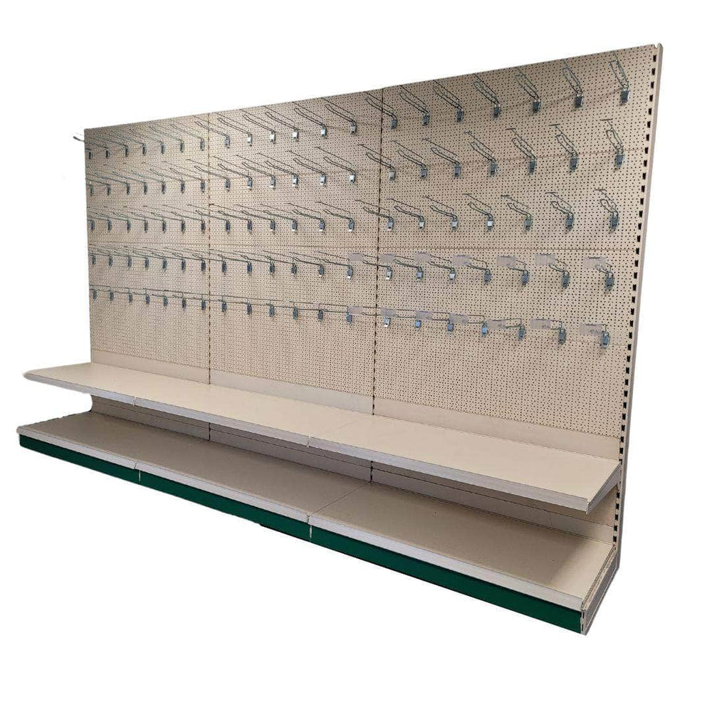 Retail Shop Shelving Run of 3 x Gondola Bays 2200mm H with Perforated Panels, Single-Sided, Filstorage