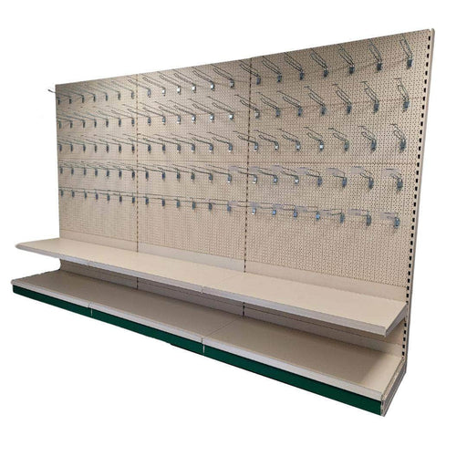 Retail Shop Shelving Run of 3 x Gondola Bays 2200mm H with Perforated Panels, Single-Sided, Filstorage
