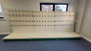 Retail Shop Shelving Run of 3 x Gondola Bays 1400mm H with Perforated Panels, Single-Sided, Filstorage