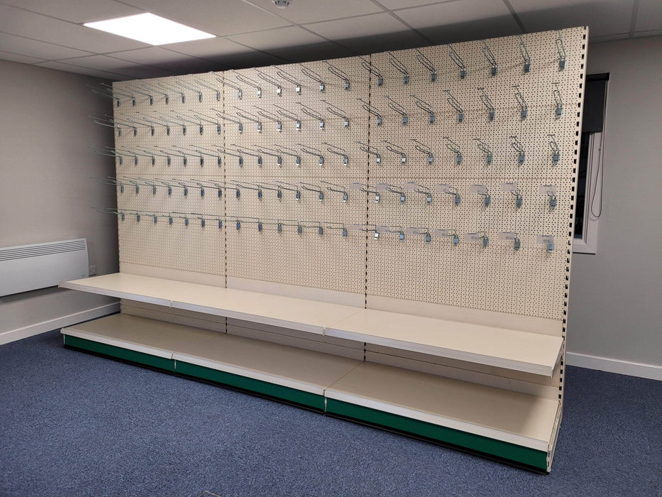 Retail Shop Shelving Run of 3 x Gondola Bays 2200mm H with Perforated Panels, Single-Sided, Filstorage