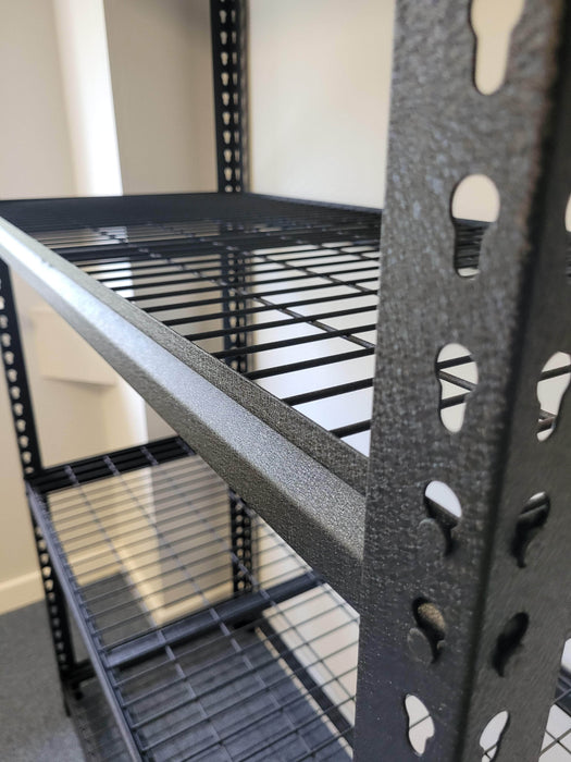 Black Mesh shelving unit close up beams and frame