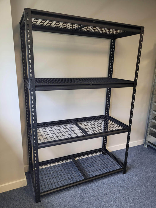 Black Mesh shelving unit in situ front view