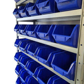 Steel Shelving Unit with 45 Bins Blue close up