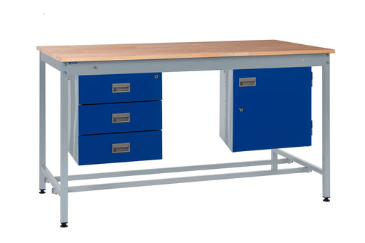Square Tube Workbench with Drawer and Cupboard 840mm H, 1200mm / Solid Beech / Triple Drawer, Filstorage