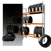 Tire rack with multiple tires on a white background