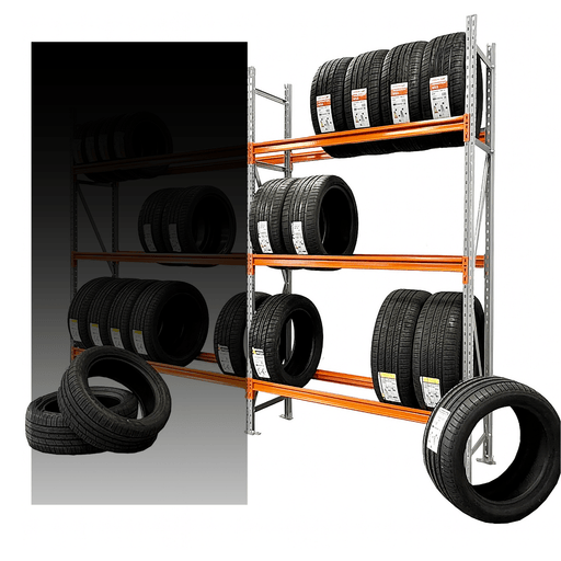 Tire rack with multiple tires on a white background