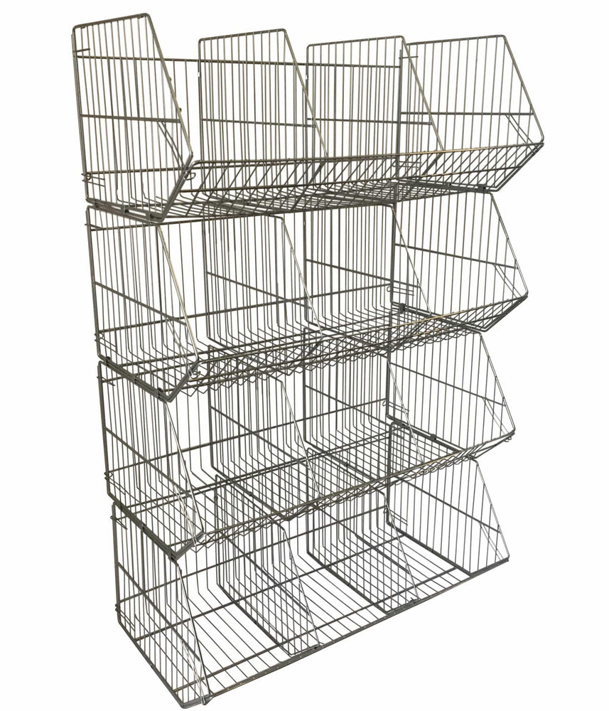 Set of 4 Large Wire Storage Stacking Display Baskets & 8 Dividers, 900mm Silver Basket Stack Kit, Filstorage