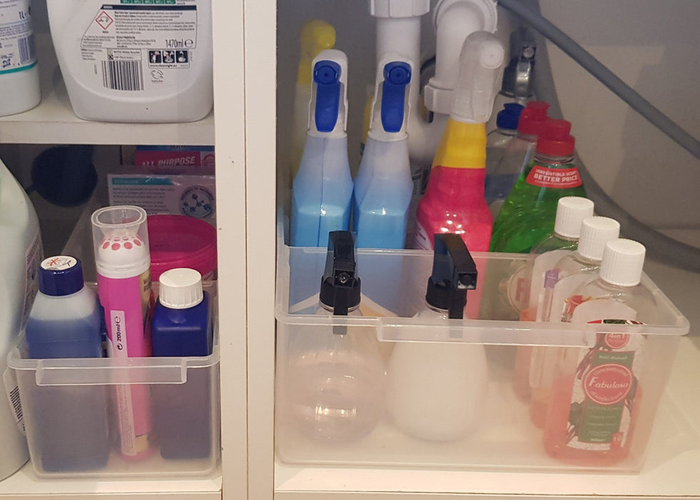 Clear Plastic Storage Box Organiser Under Sink Cupboard Wardrobe Container 110mm H, 403 (415x150x110), Filstorage