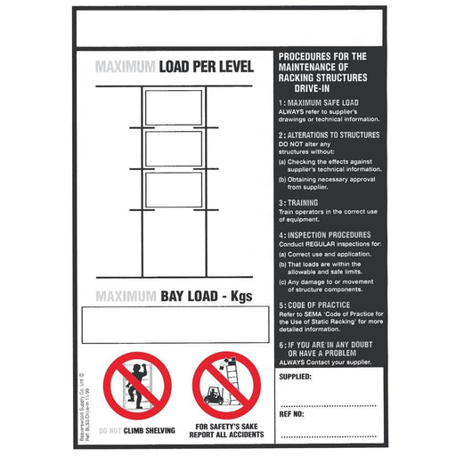 Drive Thru' Pallet Racking Load Notice (BLS3), BLS3, Filstorage
