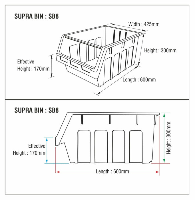 Large Stack & Nest Bin Supra 8 Stacking Storage Bin - RED 300mm H x 425mm W x 600mm D, RED SUPRA 8, Filstorage