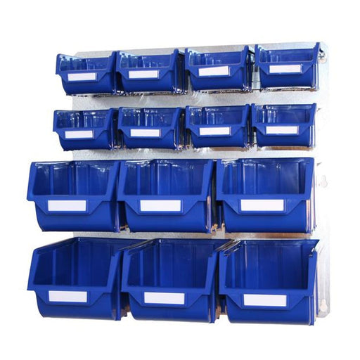 Metal Wall Storage Kit with 14 Plastic Parts Bins (Steel Panel), Blue, Filstorage